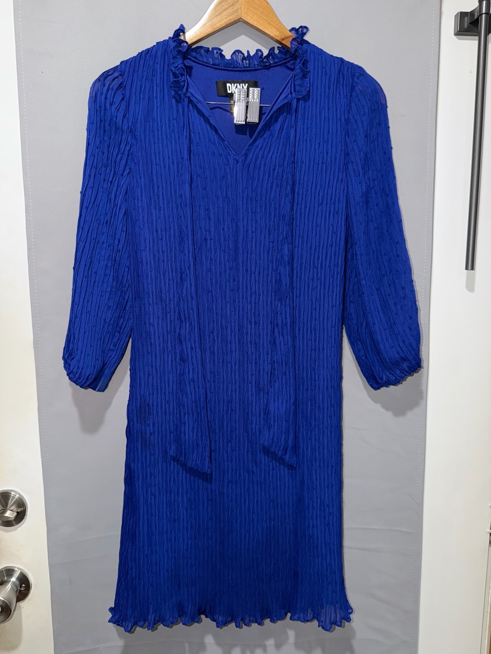 DKNY Cobalt Blue Textured V-Neck Midi Dress